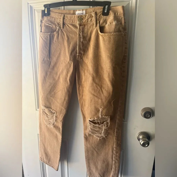 Frame Le Original High Waist Slim Straight Leg Crop Jeans Distressed Sand Tan 32 - Picture 3 of 10